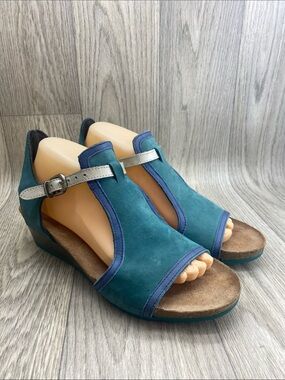 Navy Teal Suede T-Strap Wedge Sandal